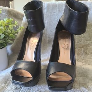 Jessica Simpson. Black Leather Peep Toe Platform Heel.